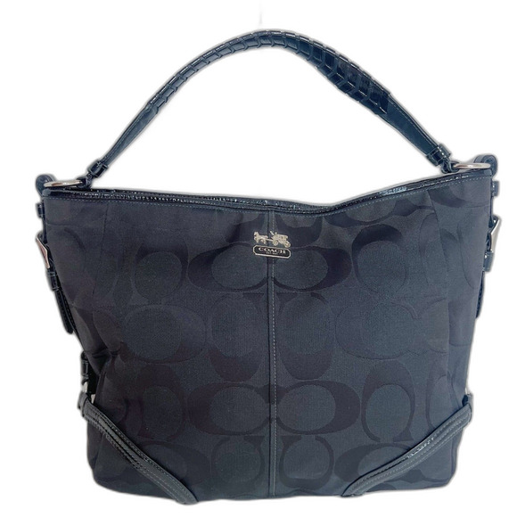 Coach Katarina Black Signature Monogram Hobo Bag Patent Leather Shoulder Bag - Picture 1 of 10
